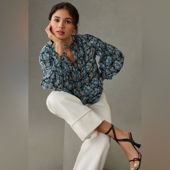 NWT!!  Anthropologie - Henley Peasant Blouse - Medium - Blue/Tan/Purple - Picture 10 of 11